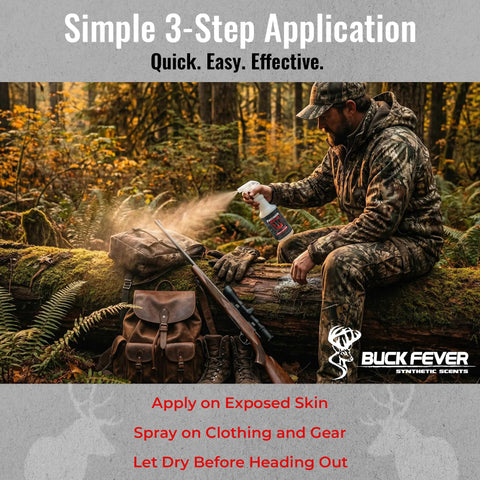 Man applying Ultimate Hunter Scent Control Spray And Odor Eliminator For Hunting Gear And Clothing One Gallon Synthetic Blend.