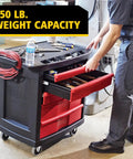 Mobile Tool Work Center On Wheels With 5 Drawers And 250 LB Capacity Built From High Density Structural Foam For Rugged Rust Proof Durability In Warehouse Garage And Maintenance Tasks Plus A Bright Red Locking Cabinet, front drawer open