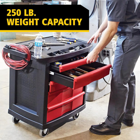 Mobile Tool Work Center On Wheels With 5 Drawers And 250 LB Capacity Built From High Density Structural Foam For Rugged Rust Proof Durability In Warehouse Garage And Maintenance Tasks Plus A Bright Red Locking Cabinet, front drawer open