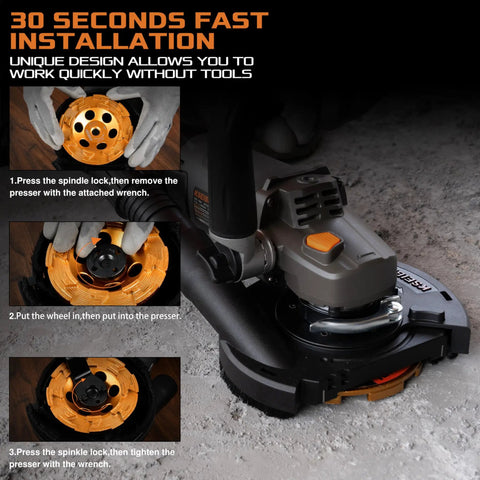 Concrete Angle Grinder 5 Inch With 11.5 Amp 1400W Motor Diamond Cup Wheel installation process showing quick tool setup.