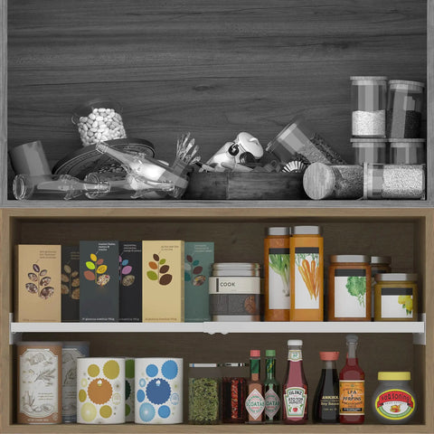 Expandable Closet Shelves Set, Adjustable Shelf Boards For Cabinets And Pantries with organized jars and boxes