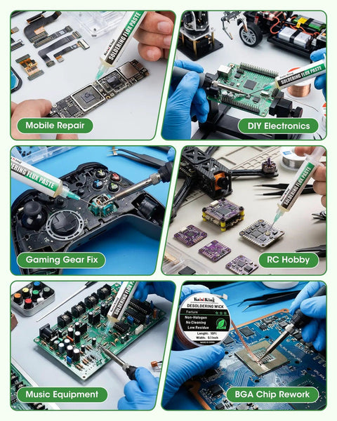 No Clean Solder Flux Paste and 0.1 Inch Braided Copper Desoldering Wick Kit used in various electronics soldering tasks