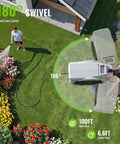 Top view of a Heavy Duty Wall Mounted Garden Hose Reel with 106.6 Ft reach, 180-degree swivel, in use in a garden setting.