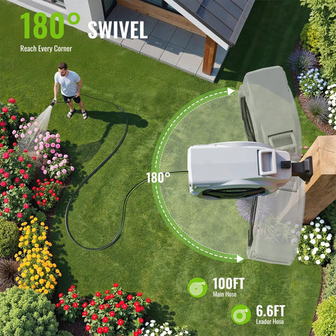 Top view of a Heavy Duty Wall Mounted Garden Hose Reel with 106.6 Ft reach, 180-degree swivel, in use in a garden setting.