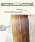 Front view of self adhesive wood grain repair tape roll for fixing scratches on tables, chairs, baseboards, doors, floors.