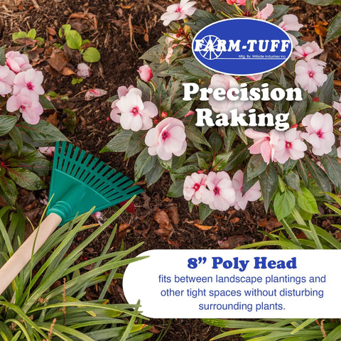 Heavy Duty 8 Inch Garden Rake With A 48 Inch Hardwood Handle For Shrubs And Flower Beds Compact Rake For Tight Spaces And Precise Yard Cleanup Great For Mulching Weeding And Leaf Cleanup In Small Or Narrow Beds in a flower bed.