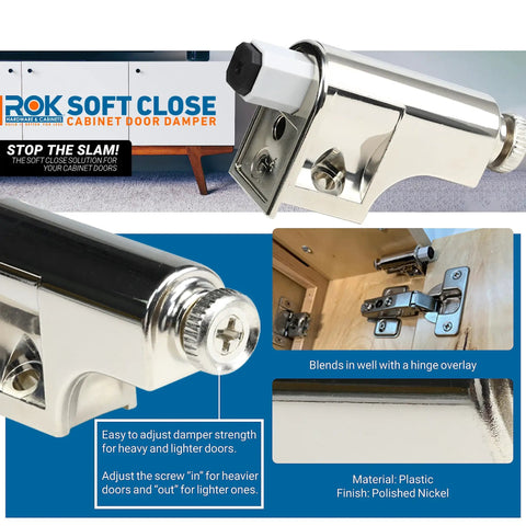 Image of 25 Pack Soft Close Cabinet Dampers for Cabinet Doors, Compact Soft Close Cabinet Adapter, polished nickel finish, Model SCD103.
