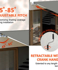 Diagram showing 12x10 Ft Manual Retractable Outdoor Patio Awning with easy crank handle, adjustable pitch, and left-side installation.