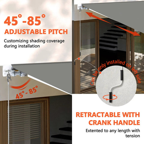Diagram showing 12x10 Ft Manual Retractable Outdoor Patio Awning with easy crank handle, adjustable pitch, and left-side installation.