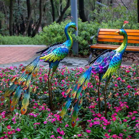 Two Pack Solar Peacock Garden Decor Lights Metal Peacocks Statue With LED Lighting Waterproof Outdoor Yard Art among flowers