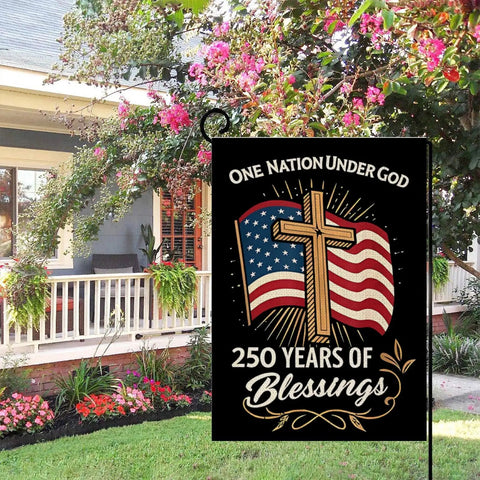 Blessings America Garden Flag 12x18 Burlap Double Sided All American Patriotic Cross Design With American Flag One Nation Under God