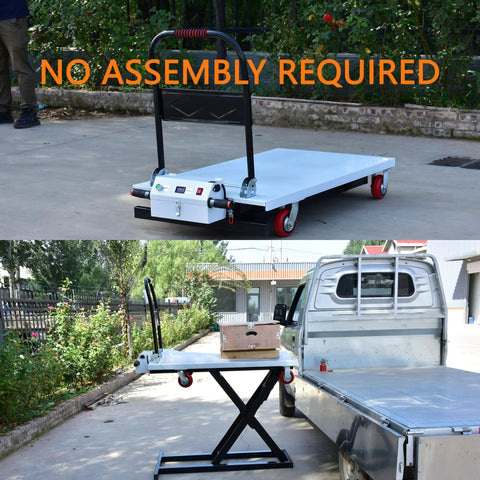 Electric lift table cart with blue flatbed, front-mounted control panel, and red caster wheels.

Electric lift table on a black scissor-lift stand beside a pickup bed, blue platform.