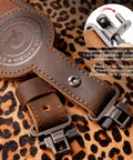 Rifle Sling With Two Point Eight Inch Wide Double Layer Crazy Horse Leather Ammo Holder Adjustable Replacement Gun Strap With Swivels Beefy Brown Leather For Hunting And Range Use with swivel detail on leopard print.