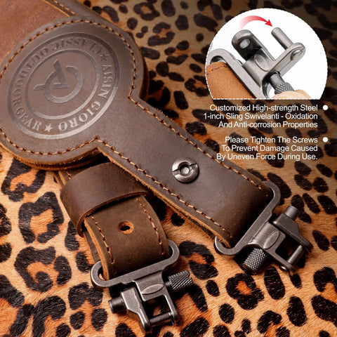 Rifle Sling With Two Point Eight Inch Wide Double Layer Crazy Horse Leather Ammo Holder Adjustable Replacement Gun Strap With Swivels Beefy Brown Leather For Hunting And Range Use with swivel detail on leopard print.