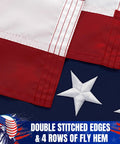 Close-up of US Flag 3x5 Outdoor Heavy Duty Nylon with double-stitched edges, embroidered stars, and sewn stripes.