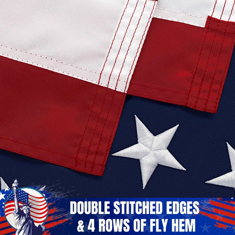 Close-up of US Flag 3x5 Outdoor Heavy Duty Nylon with double-stitched edges, embroidered stars, and sewn stripes.