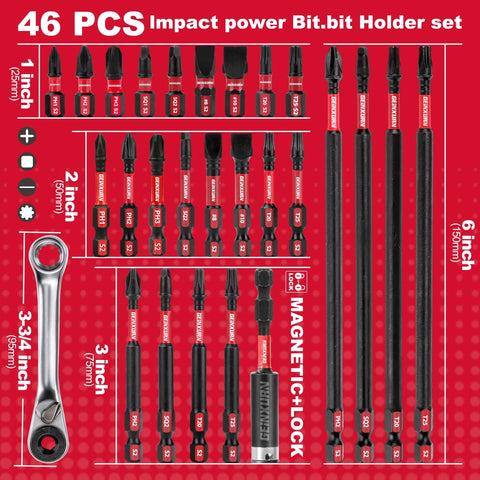 Impact Tough Magnetic 45 Piece Bit Set With S2 Alloy Steel Insert Bits Magnetic Bit Holder And Mini Wrench displayed in packaging