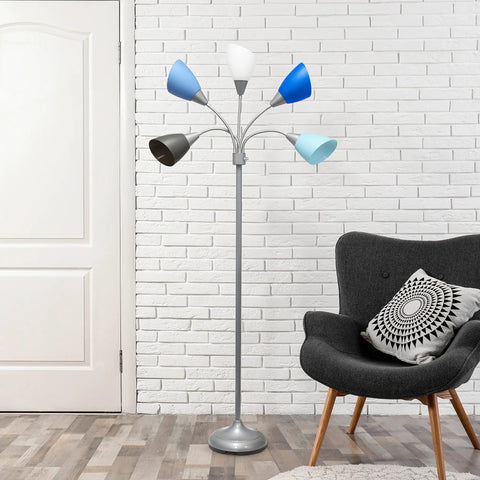 Five-Head Medusa Floor Lamp With Adjustable Goosenecks, Silver Base, Blue White Gray Shades, Dope Modern Lighting For Kids Bedroom, Playroom, Living Room Or Office, 67 Inch Tall