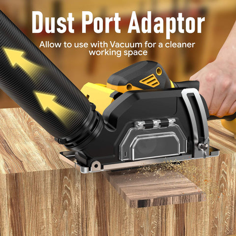 Mini Cordless Circular Saw With Brushless Motor, 3 Inch Blades, depicted with removable dust cover and attachable vacuum hose.