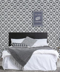 Black Geometric Peel And Stick Wallpaper For Bedroom Accent Walls And Drawer Liner Removable Self Adhesive Vinyl Contact Paper adds modern decor to a cozy bedroom.