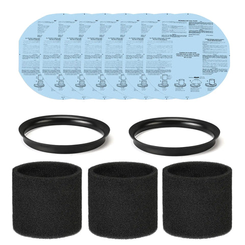 Beefed Up Replacement Paper Disc And Foam Sleeve Filter Kit For Wet Dry Vacuum Cleaners 5 Gallon And Up 6 Pack Reusable Paper Disc Filter And Foam Sleeve Compatible With Most Shop Vac Models And Accessories showing paper discs and foam sleeves