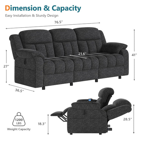 Electric Recliner Sofa Couch With Power Recline, 3 Seater Loveseat In Plush Chenille, gray dimensions and reclining view