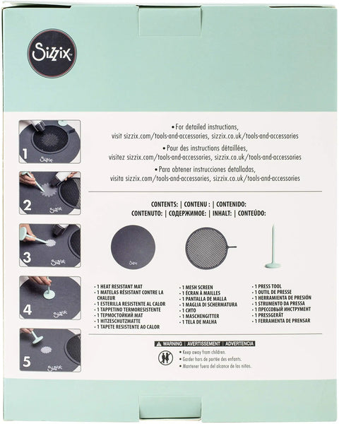 Back of Must Have Shrink Plastic Accessory Kit 3 Pack With Silicone Heatproof Mat Pressing Tool And Mesh Screen For Crafting