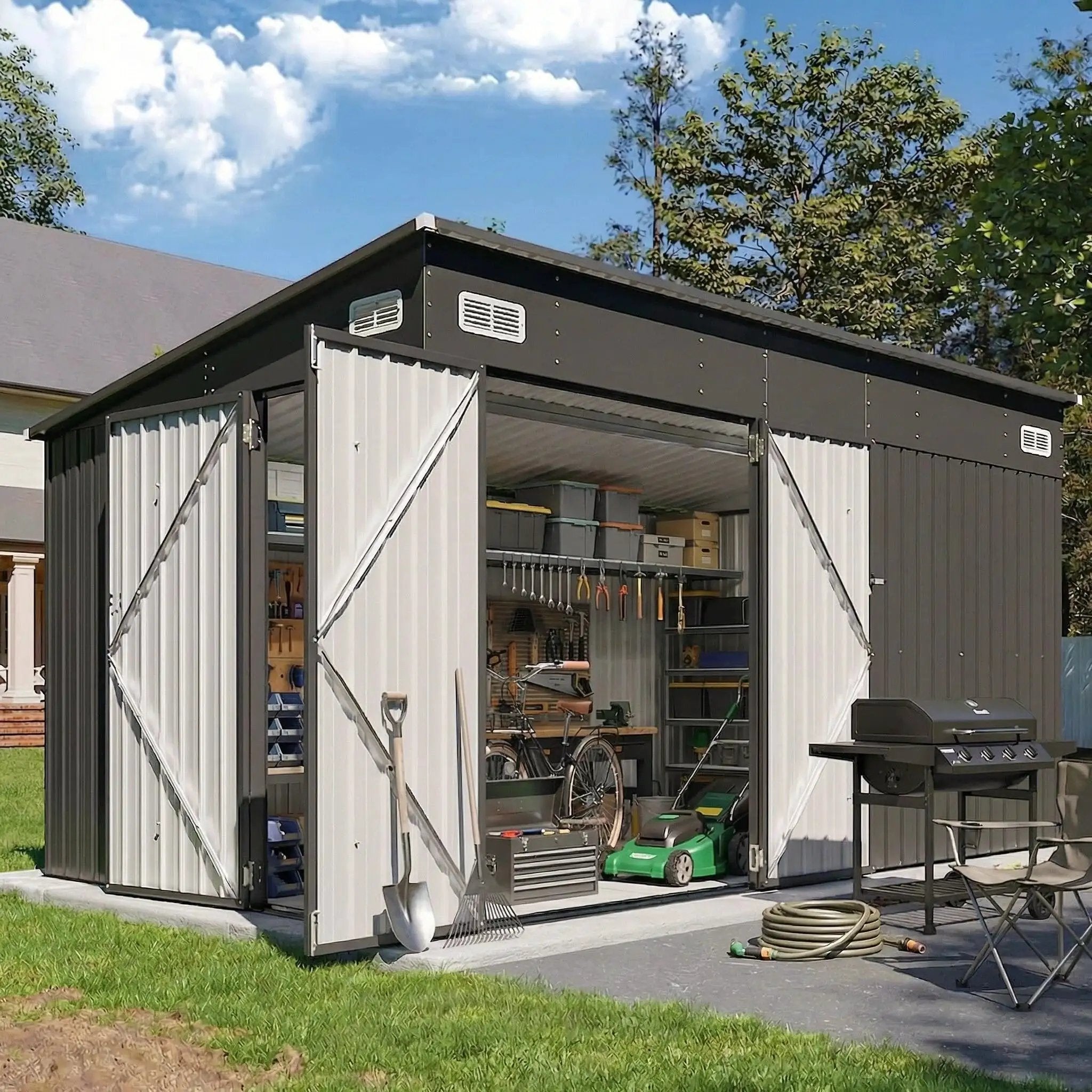 8x12 Outdoor Shed With Lean To & Triple Doors ✓