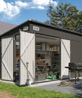 8x12 Outdoor Shed With Lean To And Triple Doors Galvanized Steel Utility Shed For Vertical Storage set in backyard, doors open