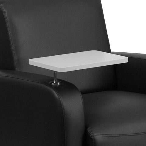 George LeatherSoft Guest Chair With Tablet Arm And Cup Holder, black upholstery, close-up of tablet arm