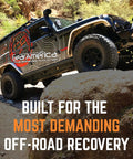 Off-road vehicle on rocky terrain with Gear America branding, showcasing Heavy Duty Snatch Block Pulley 25T Capacity for recovery.