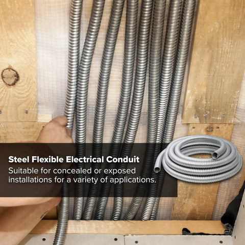 Three Eighths Inch Galvanized Steel Flexible Conduit 25 Foot Roll installed, ideal for tight spaces and easy wire pulling.