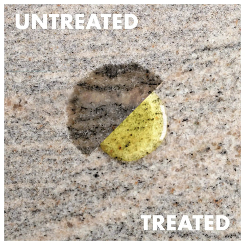 Comparison showing treated and untreated granite surface with water bead, for Built Tough Pro Grade All Purpose Concrete Floor Sealer With Next Level Water And Oil Stain Protection Using Low Voc Water Based Formula For Smooth Durable Indoor Garage Slabs.