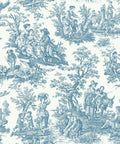 Country Life Toile Peel And Stick Wallpaper Roll For Easy DIY Accent Wall Blue And White No Water Needed Quick Peel And Stick Application 20.5 Inches Wide By 16.5 Feet Long 100 Percent Removable No Sticky Residue Renters Friendly showing pastoral scenes in blue on white background.