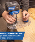 Smooth As Butter Trim Router Base Plate With Dead Nuts Secure Grip in use for edge profiling on woodworking project.