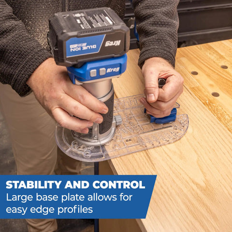 Smooth As Butter Trim Router Base Plate With Dead Nuts Secure Grip in use for edge profiling on woodworking project.