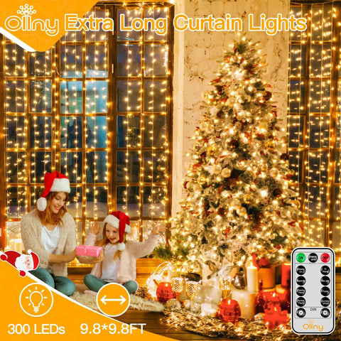 Christmas Curtain Lights 300 LED 9.8 By 9.8 Feet Waterproof Outdoor Curtain String Lights with remote beside Christmas tree