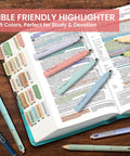 Bible Study Highlighter And Pen Set 12 Pack No Bleed Pastel Highlighters And Black Ink Pens for journaling on an open Bible