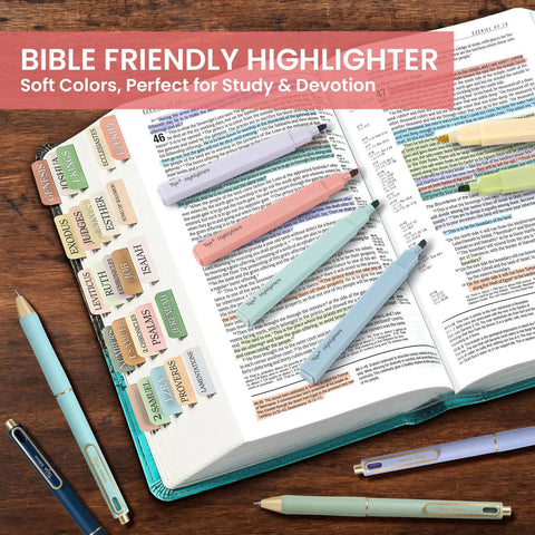 Bible Study Highlighter And Pen Set 12 Pack No Bleed Pastel Highlighters And Black Ink Pens for journaling on an open Bible