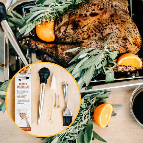 Juicy Thanksgiving Turkey Made Easy With This 5 Piece Turkey Baster Set including Baster, Needle, Cleaning Brush, Drip Guard, Case