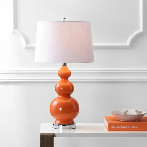 Coral Modern Ceramic Gourd Table Lamp With White Linen Drum Shade, 27.5 Inch Tall, LED Bulbs Included, Energy-Saving Bedroom Light