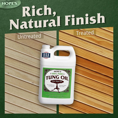 100 Percent Pure Tung Oil For Wood Finish And Sealer, Food Safe, before and after wood treatment with 128 fl oz container