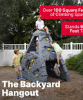 Kids playing on Skyward Summit Climbing Wall Playset For Kids Ages Four To Eight, 6.5 Ft Four Sided Rock Wall, Backyard Outdoor Playground