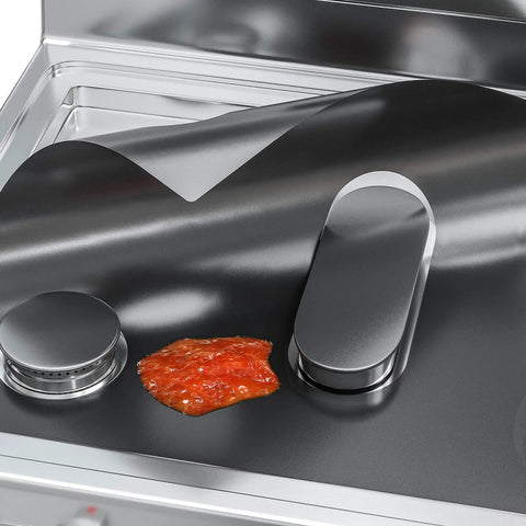 Reusable Gas Range Protectors For 5 Burner Stove With Nonstick Surface Washable And Hassle Free Clean Stove Top Covers For Gas Burners Fits Samsung Range Heavy Duty Black showing spill protection