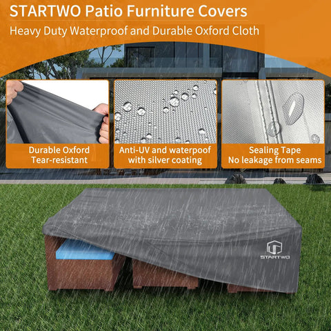 Beefy Heavy Duty Patio Furniture Cover Waterproof And Anti UV 500D Tear Resistant For 7 To 12 Seat Sectional Sofa And Table Sets 110 X 84 X 28 Inches Gray All Weather Ready shown in use on outdoor furniture