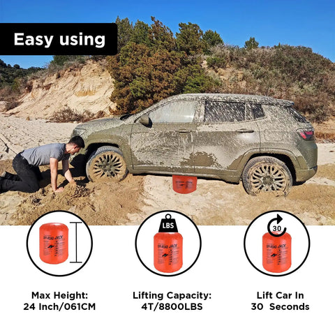 BotaBay 4 Ton Off-Road Air Jack With 8800 Lbs Capacity Inflatable Soft Jack used to lift a muddy SUV on sand.