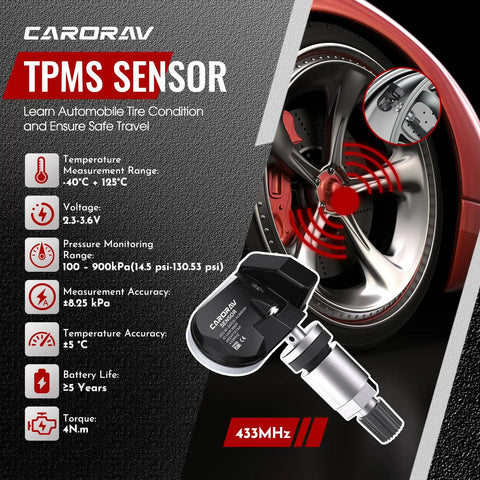 433MHz TPMS Tire Pressure Monitoring Sensor Compatible With 2013 Through 2024 Jeep Cherokee And Ram Dodge Trucks Easy Install No Sweat Plug And Play Accurate Readings OE Style Replacement Keeps Your Tires In Check And Your Ride Smooth. wheel-mounted TPMS sensor with valve stem