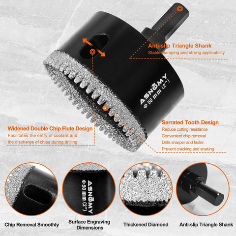 ASNOMY 50 mm diamond hole saw (front view) with serrated teeth and anti-slip triangle shank; part of a 10-piece EVA mold set