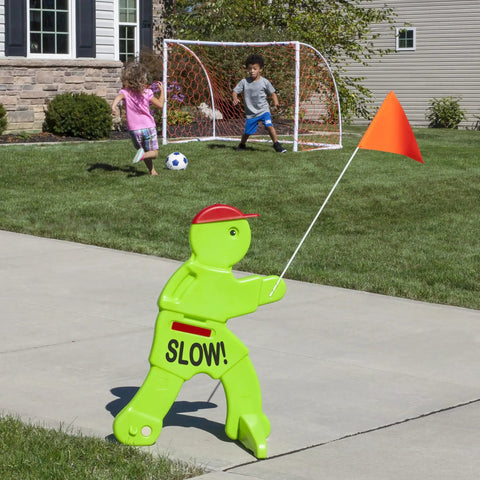 Kids At Play Safety Sign 32 Inch Reflective Caution Sign With Warning Flag For Neighborhoods Neon Body With Reflective Belt Slow Down Sticker Easy Setup Great For Driveways And Play Time