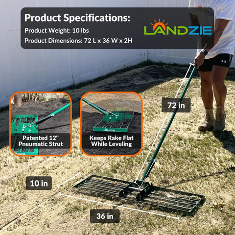 AeroLeveler Dope Pneumatic Lawn Leveling Rake, 36 Inch Wide Yard Tool shown in use on grass with specifications highlighted.